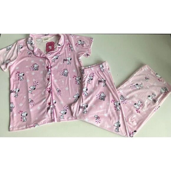 Munki Munki Peanuts Snoopy Velvet PJ Set Christmas Candy Cane Pink Women’s Sz XL - Picture 1 of 12